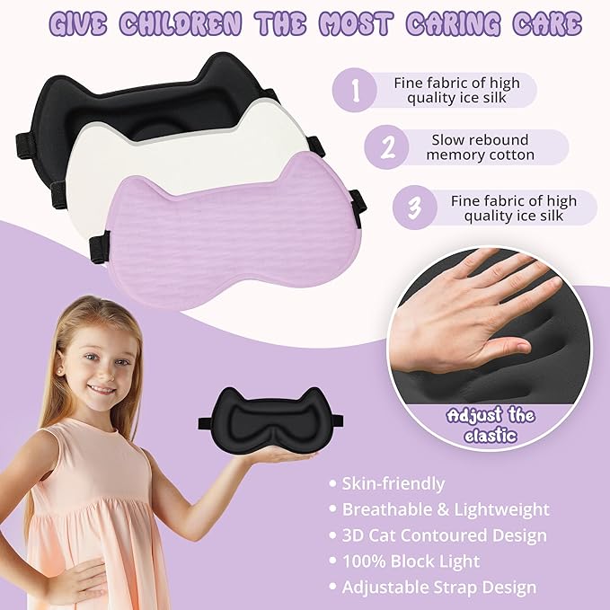 Kids Sleep Mask Eye Mask: 3D Contoured Cup Sleeping Masks, Blindfold with Adjustable Strap, Kids Eye Cover for Boys, Girls, Teens, Pressure-Free with Memory Foam Face Mask for Sleeping (Purple) - Bloomnest