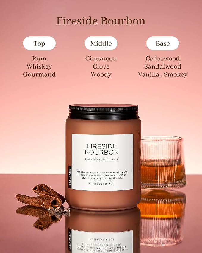 M&SENSE Fireside Bourbon Scented Candles, 2 Wick Jar Candle 19.4oz 110 Hour Long Lasting, Organic Natural Soy Wax Candle for Bedroom Kitchen Home Decor, Warm Housewarming Gifts for Men Women - Bloomnest