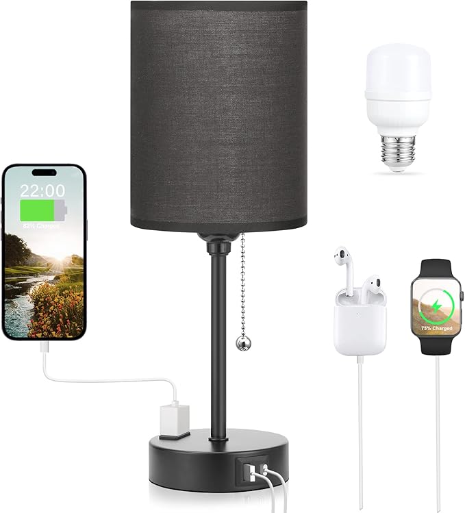 Dicoool Black Bedroom Lamp 3 Color Temperatures - Small Bedside Lamps with USB C and A Ports, Pull Chain Table Lamps with AC Outlet, Black Nightstand Light for Kids Sleeping - Bloomnest