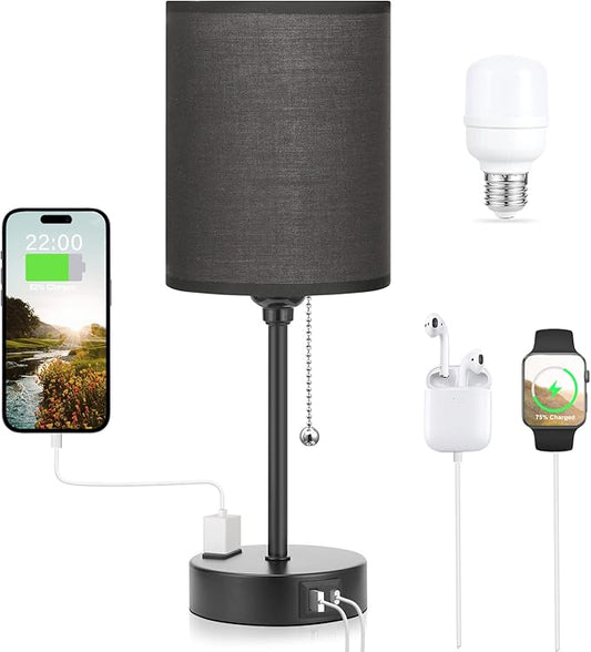 Dicoool Black Bedroom Lamp 3 Color Temperatures - Small Bedside Lamps with USB C and A Ports, Pull Chain Table Lamps with AC Outlet, Black Nightstand Light for Kids Sleeping - Bloomnest