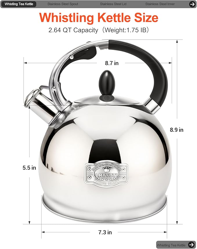 Whistling Tea Kettle for Stovetop, (2.64 Quart-Mirror） Food Grade Stainless Steel Teapot of 5-layer base - Bloomnest