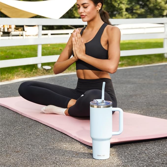 30 oz Tumbler with Handle, Tumbler with Lid and Straw, Double Wall Vacuum Insulated Travel Mug Stainless Steel Tumbler for Hot and Cold, Cupholder Friendly (Blue) - Bloomnest