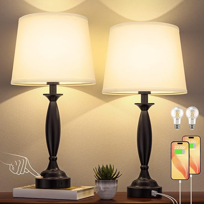 White Lamps for Bedrooms Set of 2 - Touch Control Bedside Lamp with USB C+A, 3 Way Dimmable Nightstand Lamps with USB Port, Table Lamp for Living Room(White Shade and Black Base) - Bloomnest