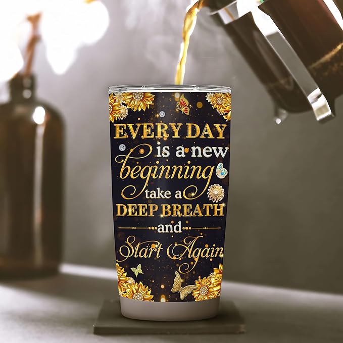 WAZONE Personalized Sunflower Insulated Tumbler 20oz 30oz Every Day Is A New Beginning Motivational Sayings Custom Name Gifts For Women Friends Stainless Steel With Lid Vacuum Travel Cup Mug - Bloomnest