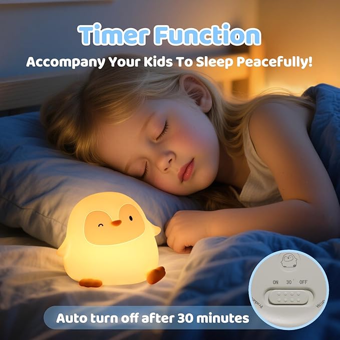 Squishy Penguin Silicone Night Light for Kids - USB Rechargeable LED Lamp with Soft Touch, Long Lasting Battery & Touch Control - Cute Penguin Light for Kids Room, Decor & Gifts - Bloomnest