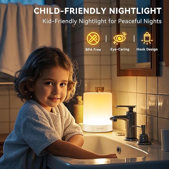 Auxmir Night Light for Kids Baby, Dimmable Touch Lamp for Nursery, 11 RGB Colors 5 Brightness, Portable Rechargeable Bedside Table Lamp for Nightstand, Kids Night Light for Bedroom Living Room, White - Bloomnest