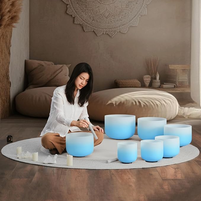 CVNC 432HZ 6-12 Inch Azure Blue Color Aria Gradient Design Frosted Quartz Crystal Singing Bowls Chakra Set of 7 with Carry Case Bags for Sound Healing and Meditation - Bloomnest