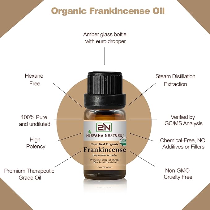 Frankincense Essential Oil, USDA Certified Organic, 100% Pure Undiluted, Aromatherapy Oil for Diffuser, Hair & Skin Care NirvanaNurture