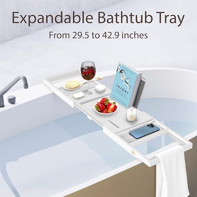 Wooden Bathtub Tray - Foldable & Expandable Bamboo Bath Tray for Tub with Wine Holder, Book & Tablet Stand - Bath Caddy Tray for Bathtub, Spa Bath Accessories, Tub Tray Table, Gifts for Her (White) - Bloomnest