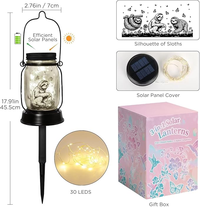 Sloth Gifts for Women/Men/Kids Sloth Animal Lovers Solar Lantern Mom Birthday, Mothers Day, Christmas Animal Gifts, Solar Garden Decoration, Yard, Patio,Backyard,Porch, Torches, Night Light Room Decor - Bloomnest
