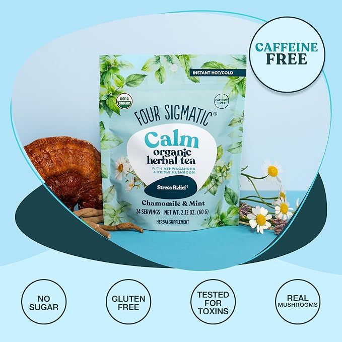 Four Sigmatic Calm Organic Herbal Tea | Stress Relief Tea with Ashwagandha & Reishi | Instant Adaptogenic Drink for Relaxation | Vegan, Gluten-Free | Chamomile & Mint, 24 Servings - Bloomnest