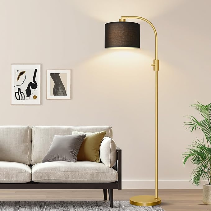 【Upgraded】 Dimmable Gold Floor Lamp, 1200 Lumens LED Bulb Included, Arc Floor Lamps for Living Room Modern Standing Lamp with Black Shade, Tall Lamp for Living Room Bedroom Office Reading Room Nursery - Bloomnest