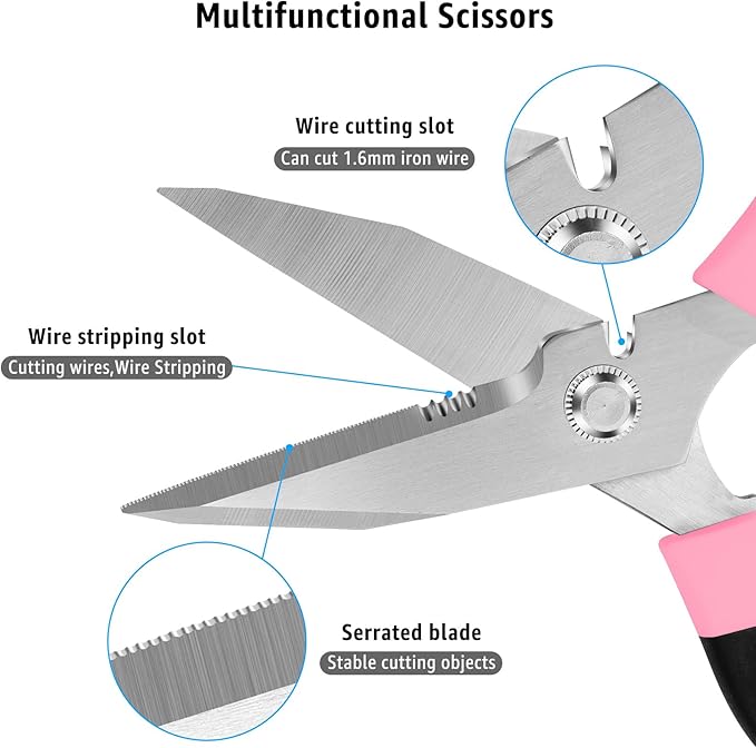 8-Inch Heavy Duty Utility Scissors All Purpose, Serrated Blade, Pink Comfort Grip for Cutting Carpet, Cardboard, Leather, Fabric, Multipurpose Sharp Shears for Kitchen, Garden, Office, Carft - Bloomnest