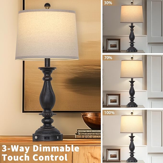 28" Tall Farmhouse Table Lamps for Living Room Set of 2,Vintage Rustic Black Bedside Touch Lamp with USB C+A Ports & AC Outlet, 3-Way Dimmable Resin Nightstand Lamp for Bedroom Entryway Office - Bloomnest
