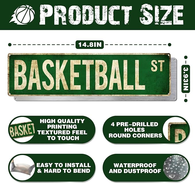 Basketball Gifts for Boys 8-12 Accessories Basketball Room Decor Vintage Street Signs Bedroom Wall Art Gear for Teen Boys 12-14 - Bloomnest