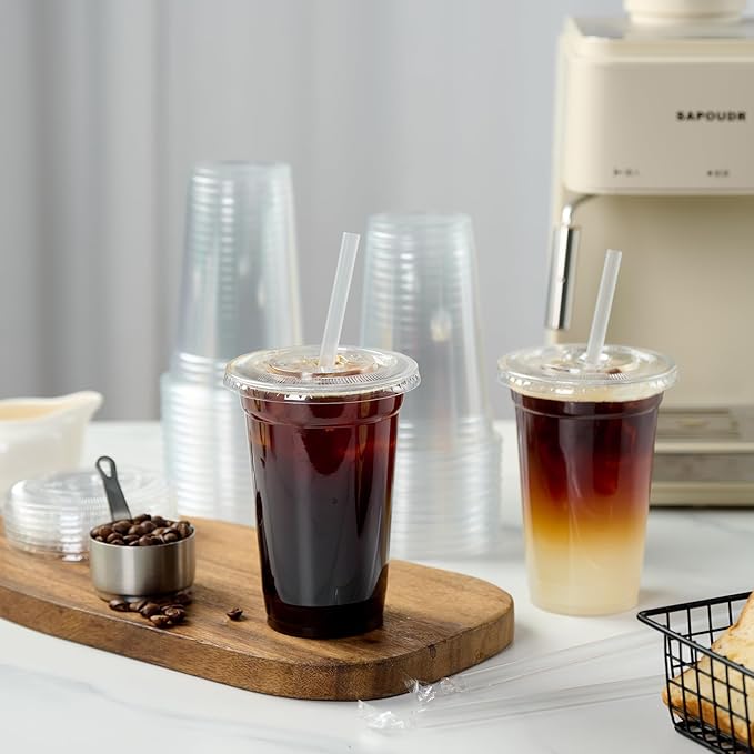 Turbo Bee 200 Sets 24 OZ Clear Plastic Cups with Lids and Straws, Disposable To Go Iced coffee cups with lids for Cold Drinks, Smoothie, and Slushie - Bloomnest