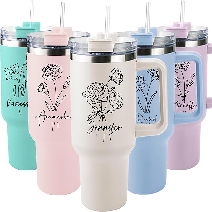 ThermoThrill Ships Next Day, Personalized 40 Oz Tumbler with Handle and Straw Custom Tumbler with Text Stainless Steel Mug Birthday Gifts for Women - Bloomnest