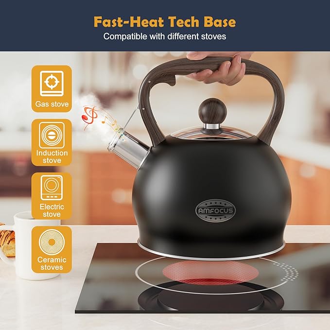 Tea Kettle Whistling Teapot for Stovetop : 2.64 Quart Food Grade Stainless Steel Tea Pot with Ergonomic Handle, Loud Whistle Camping Kettle for Tea, Coffee, Milk - Black - Bloomnest