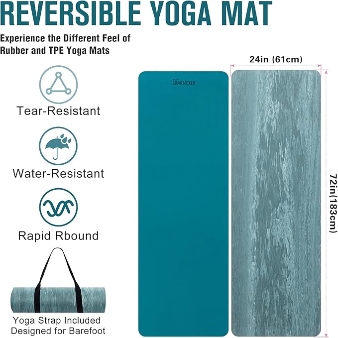 UMINEUX Extra Thick Yoga Mat, 2/5 Inch (10MM), Natural Rubber and TPE Non Slip Yoga Mats with Strap for Women Men, Eco Friendly Exercise Mat for Yoga, Pilates and Home Workout - Bloomnest