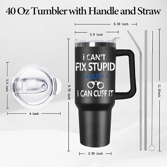 Ceovfoi 40 oz Tumbler with Handle lid and Straw, American Flag Blue Line Stainless Steel Dad Travel Tumbler Cup Mugs,Police Academy Graduation Gifts, Police Gifts for Men Dad - Bloomnest