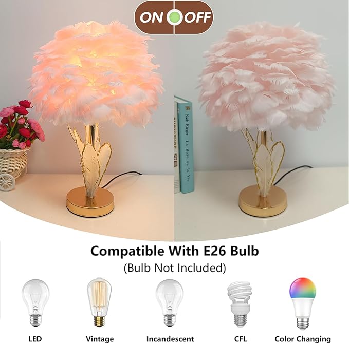 Pink Feather Lamp Goose Furry Table Lamp Princess Modern Fluffy Desk Lamp Simple Wedding Decor Romantic Bedside Night Light for Girl Bedroom Living Room Hotel - Bloomnest