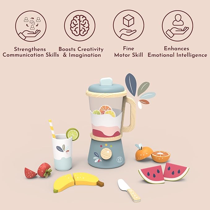 SPEEDY MONKEY Smoothie Maker Blender Set - FSC Wooden Food Blender Toy for Kids, Pretend Play Kitchen Appliance, Role Play Toy Mixer for Toddlers, Fun Fruity Smoothie Playset to Make a Healthy Shake - Bloomnest