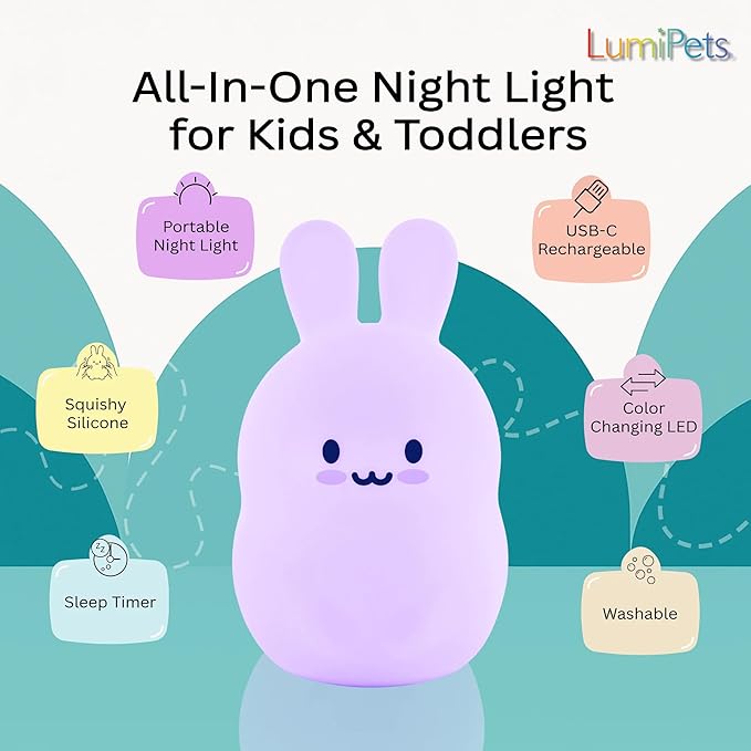 Lumipets Baxter The Bunny Squishy Night Light for Kids | Silicone Lamp with Tap & Remote Control | Rechargeable Color Changing Animal Night Light for Boys & Girls | Portable Nightlight with USB Cord - Bloomnest
