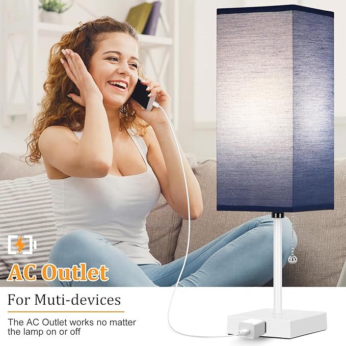 18'' Table Lamp for Bedroom set of 2,3-Color Bedside Lamps with Pull Chain Table Lamps for Night stands ,Small Night Light Lamps with 2 Bulbs Lamps for Living Room Kids Room Office Decor（Blue+White） - Bloomnest