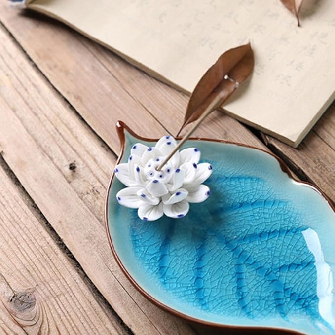 Incense Holder for Sticks, Ceramic Incense Ash Catcher Tray, Leaf-Shape Tray and Lotus Sticks Holder (Sky Blue) - Bloomnest