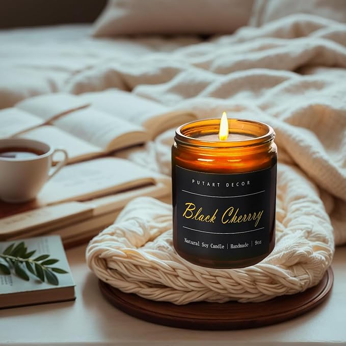 Black Cherrry Scented Candle for Home, Natural Soy Wax Aromatherapy Non Toxic Candle Gifts for Women & Men, Handmade Highly Scented & Long Lasting Jar Candle for Stress Relief (9oz) - Bloomnest