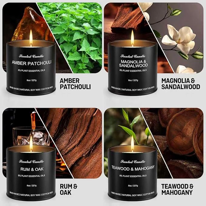 Men's Scented Candle Sets | 4 Pack Aromatherapy Candles Gift in Matte Black Tins for Christmas,Father | Soy Wax Manly Candles of Amber Patchouli,Rum&Oak,Teawood&Mahogany,Magnolia&Sandalwood - Bloomnest