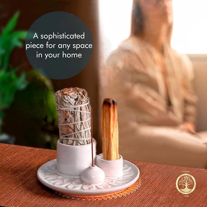 4-in-1 Palo Santo Holder, Sage & Incense Stick Burner – Ceramic White Ash Catcher Tray for Meditation, Yoga, Smudging & Spiritual Cleansing – Incense Holder for Sticks & Sage (White) - Bloomnest