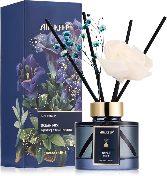 Airkeep Flower Reed Diffusers Set, 5.07 oz Ocean Mist Scented Oil Diffuser with 8 Reed Sticks, Home Fragrance Diffuser Gift Set for Bathroom & Office Decor 150ml - Bloomnest