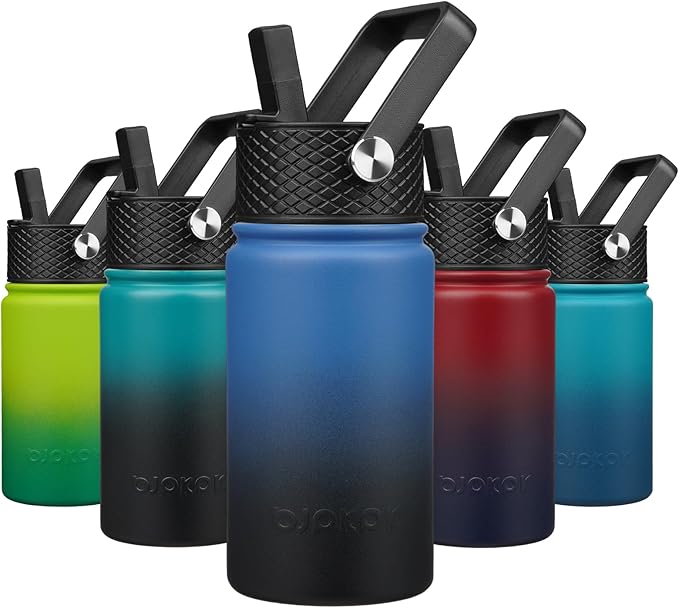 BJPKPK Insulated Water Bottle with Straw Lid, 15oz Cute Water Bottles, Stainless Steel Metal Thermo, Reusable BPA Free Leak Proof Tumblers, Cups,Blue Black - Bloomnest