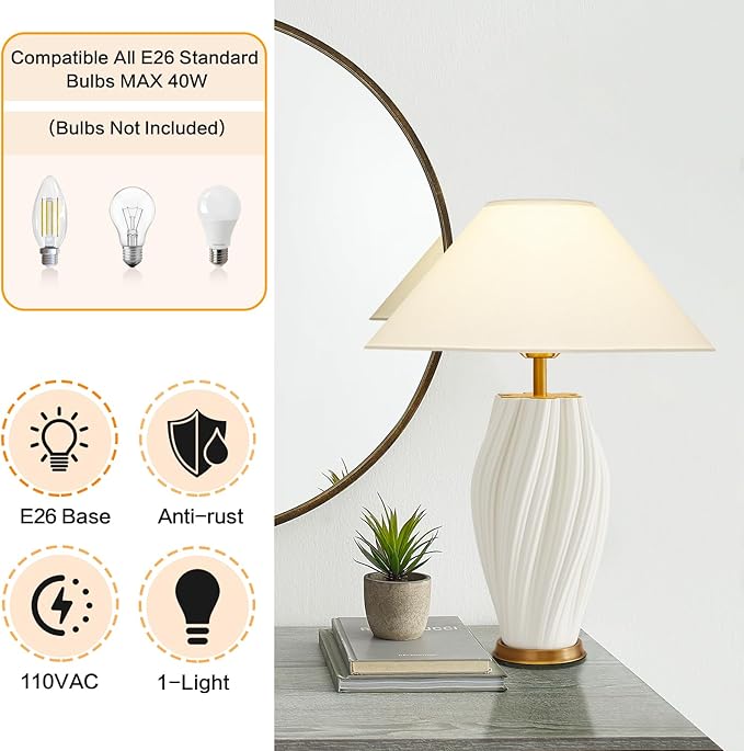 Modern Plug in Ceramic Table Lamps 24.5In, White Textured Table Lamp Tables Decorative for Living Room Bedroom Bedside Nightstand Room Office - Bloomnest
