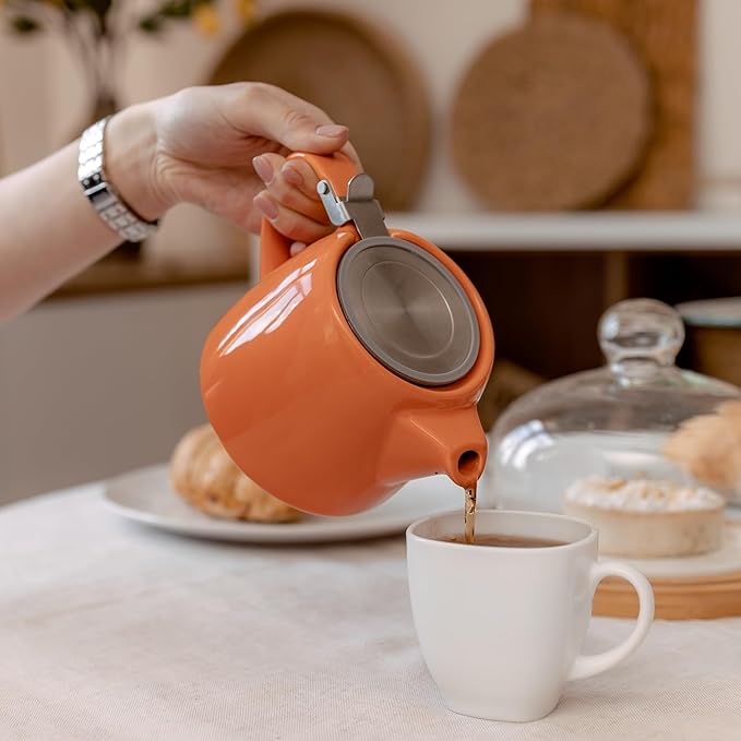ORNA Ceramic Teapot with Tea Infuser – Small Tea Pot for Loose Leaf Tea – 550ml / 18.6 Oz Porcelain Non-Stove Teapot for 2 Cups with Tea Strainer (Orange) - Bloomnest