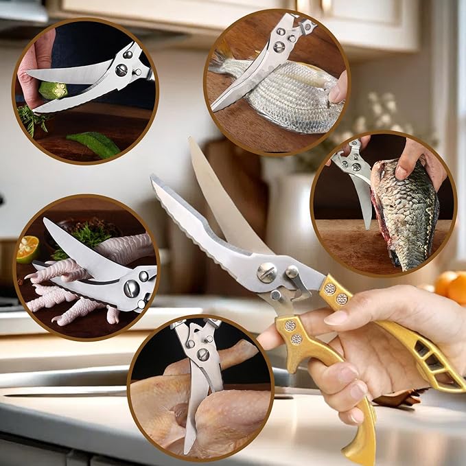 ANDONG Heavy Duty Kitchen Poultry Shears with Serrated Edge, Spring Loaded Kitchen Scissors, Professional Chicken Shears, Gold - Bloomnest