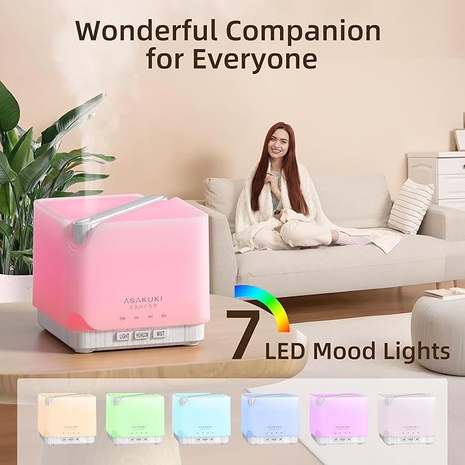 ASAKUKI 700 ml Premium Essential Oil Diffuser, 5 in 1 Ultrasonic Aromatherapy Fragrant Oil Vaporizer Humidifier, Timer and Auto-Off Safety Switch, 7 LED Light Colors - Bloomnest