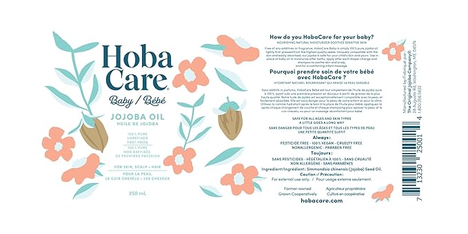 HobaCare Jojoba Baby Oil with Pump Dispenser – 100% Pure Natural Unrefined Unscented Hexane Free Cold Pressed Jojoba Oil for Baby Hair, Infant Skin, Scalp Moisturizing, Body Care Shower Gift (8.45 oz) - Bloomnest