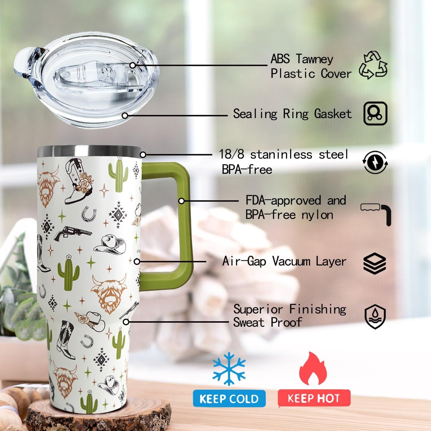 Ceovfoi 40 Oz Western Tumbler With Handle, Cow Skull Coffee Travel Mug Cup Water Bottle, Western Decor, Gifts for Women