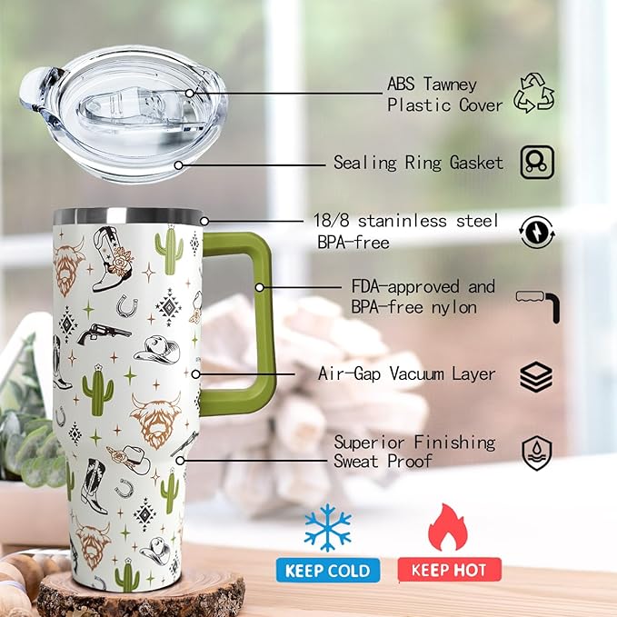 Ceovfoi 40 Oz Western Tumbler With Handle, Cow Skull Coffee Travel Mug Cup Water Bottle, Western Decor, Gifts for Women - Bloomnest