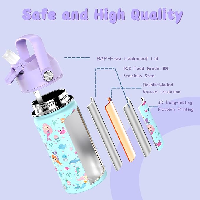 14oz Kids Insulated Water Bottle with Straw Lid - 18/8 Stainless Steel Kid Cup Travel Tumbler Double Wall Vacuum Leak Proof Portable Toddler Water Bottle (Butterfly+Mermaid） - Bloomnest