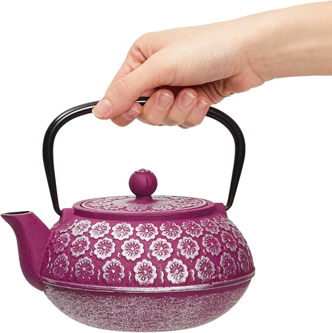 Purple Floral Cast Iron Teapot Kettle with Stainless Steel Loose Leaf Infuser (34 oz) - Cast Iron Tea Kettle - Tea Infuser Pot