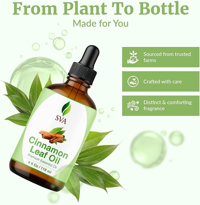 SVA Cinnamon Leaf Essential Oil – 4 Fl Oz – 100% Natural Cinnamon Oil - for Diffuser, Hair Care, Face, Skin Care, Aromatherapy, Scalp and Body Massage, Soap and Candle Making – with Dropper - Bloomnest