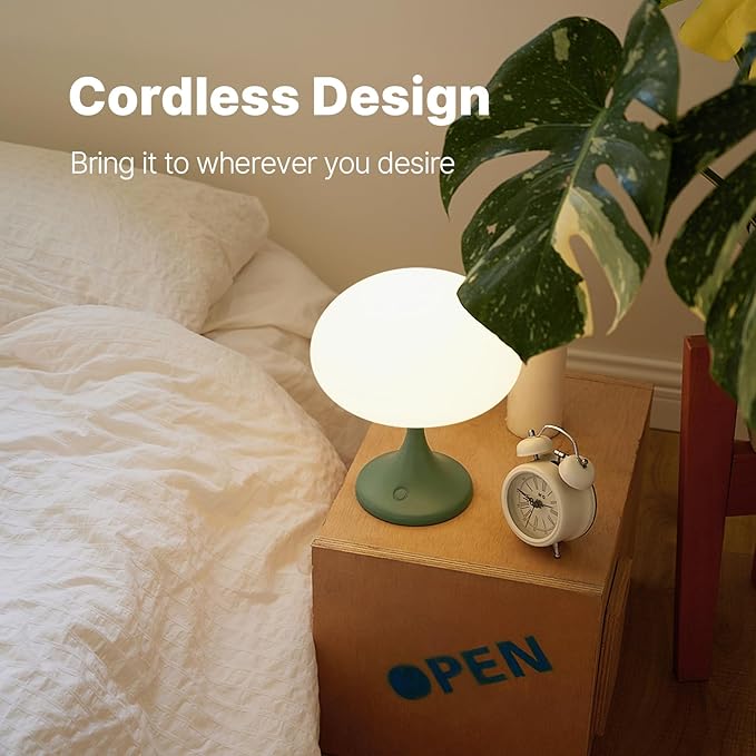 Mushroom Lamp, 5W LED Cordless Rechargeable Table Lamp with Glass Shade, Small Retro Dimmable Touch Light with 3 Color Temps, Aesthetic Mid Century Bedside Light for Bedroom Ambient, Green - Bloomnest
