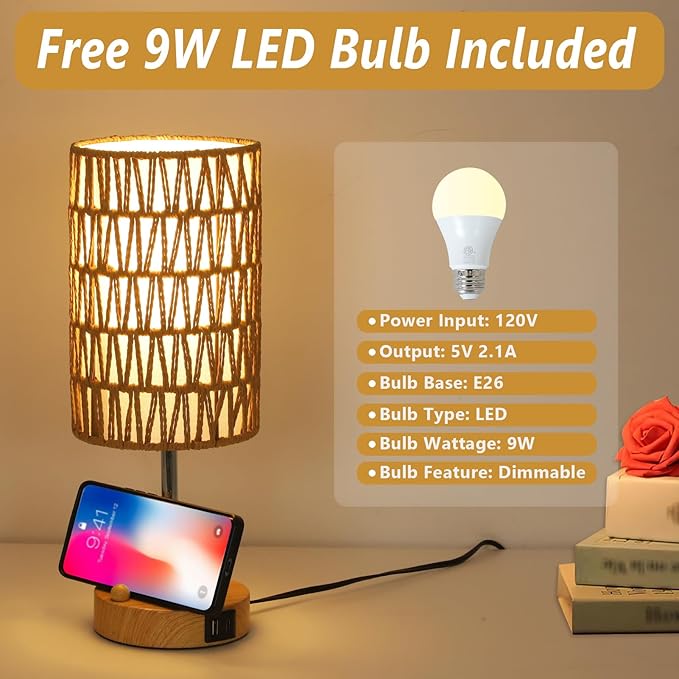 Boho Table Lamp for Bedroom with Bulb, Small Touch Control Table Lamp for Living Room with Rattan & Linen Shade, 3 Way Dimmable Bedside Lamp for Nightstand with USB Charging Port & Phone Stand - Bloomnest