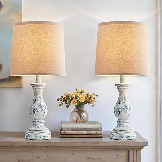 Seealle Farmhouse Table Lamps Set of 2 - Rustic Lamp for Bedroom Living Room, 22" Boho Bedside Lamps for Night Stands End Table Office Desk Lamp Nightstand Clearance with Linen Shades(Washed Blue) - Bloomnest