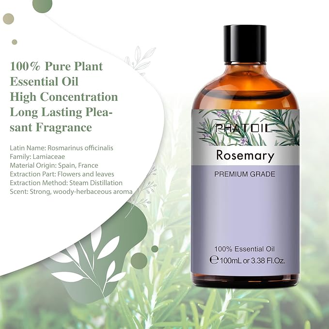 PHATOIL 3.38FL.OZ Rosemary Essential Oil, for Aromatherapy Diffusers, Humidifiers, Great for DIY Candle and Soap Making, Huge 100ML Bottle PHATOIL