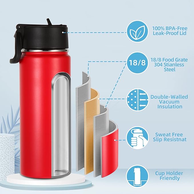 Volhoply 16 OZ Kids Water Bottle Bulk 4 Pack,Insulated Sports Bottles with Straw Lid,Stainless Steel Bottle with Handle Keep Cold & Hot,Double Wall Vacuum Tumbler Cups for School,Girls(Red, 4) - Bloomnest