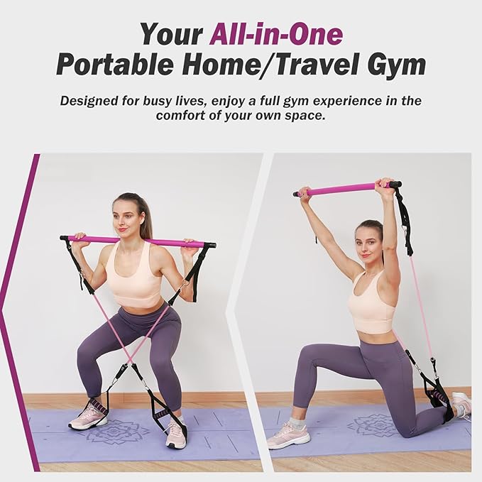 Upgraded Pilates Bar Kit with Resistance Bands Natural Latex for Women & Men, Heavy-Duty Stainless Steel Multifunctional Yoga Pilates Stick for Home Gym Exercise Fitness Equipment Full-Body Workouts - Bloomnest
